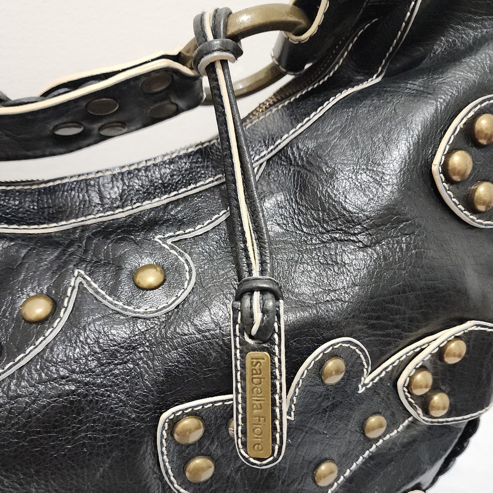 Isabella Fiore Black Leather Studded Braided Hobo Shoulder Bag Boho Western Chic - Picture 14 of 15